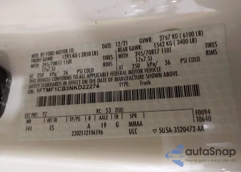 2022 Ford F-150 Xl from USA, damaged, VIN 1FTMF1CB3NKD22274